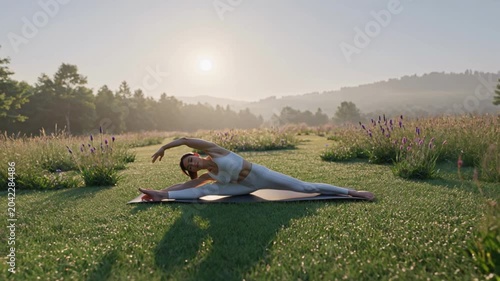 Medium Shot of Young Woman Doing Yoga Outdoors Illustrating Wellness, Flexibility, and Serenity at Sunrise.