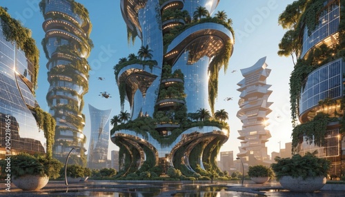 Solarpunk eco-friendly floating city in bangkok with vertical gardens and solar panels amid high water levels futuristic urban design serene waterway reflection