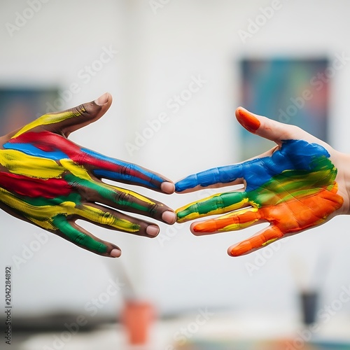 Two hands, one dark and one light, covered in vibrant paint, touching