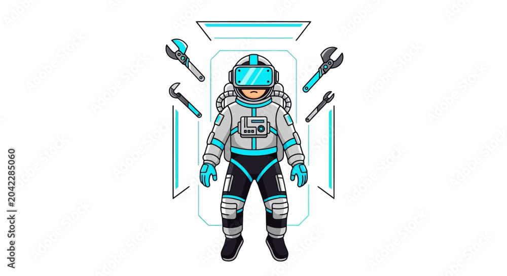 Fototapeta premium Futuristic Astronaut Space Engineer Illustration with Floating Repair Tools and VR Headset, Maintenance and Technology Concept