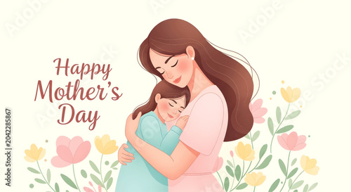 A heartwarming illustration of a loving mother embracing her daughter surrounded by beautiful pastel flowers, celebrating Mother's Day with tender affection