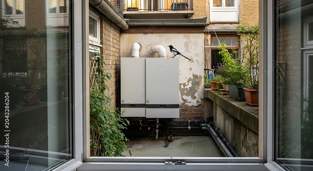 Fototapeta premium Modern Outdoor HVAC Unit in Urban Courtyard View from Window.