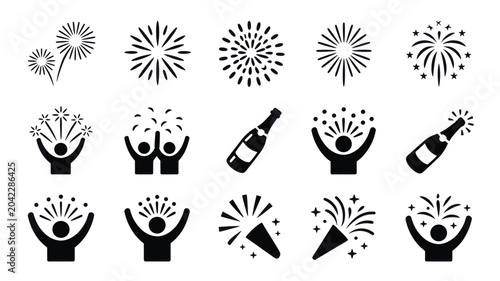 Set of 15 Black Fireworks Celebration Vector Icons