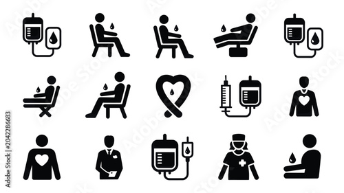 Set of 15 Blood Donation and Transfusion Black Vector Icons