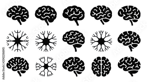 Set of 15 Black Human Brain and Neuron Icons Vector