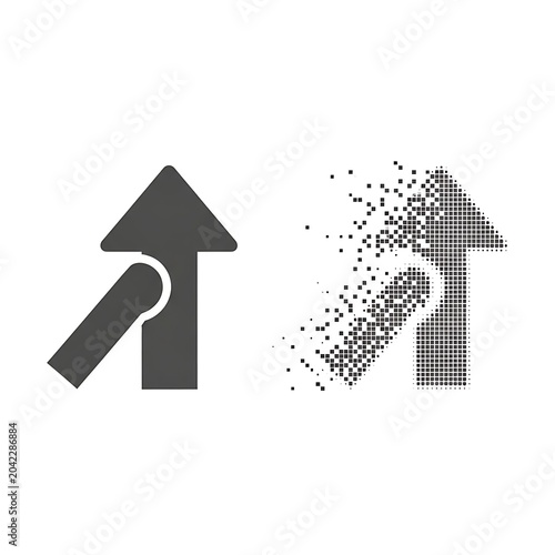 Two arrows pointing up, one solid, the other dissolving into pixels