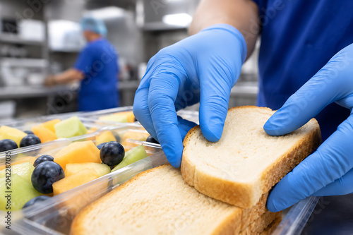 Gloved hands preparing sandwich bread for balanced hospital nutrition service