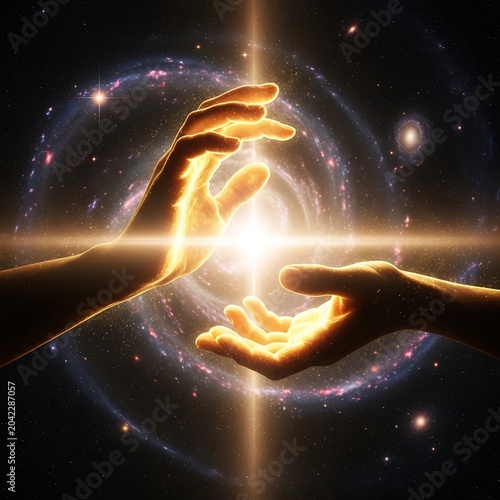 Two hands reaching for a brilliant light against a cosmic backdrop