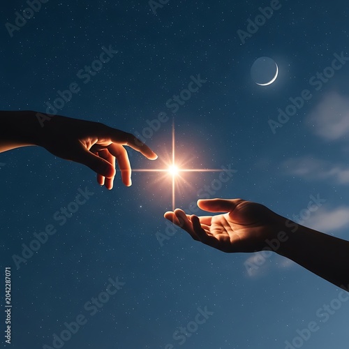 Two hands reaching for a glowing star against a starry night sky with moon
