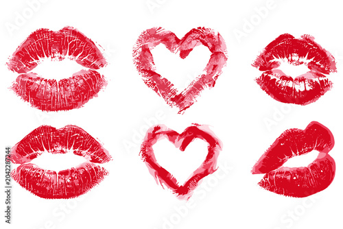 Set of six red lipstick kiss marks and heart shapes, symbolizing love, romance, and affection, perfect for Valentine's Day or romantic themes