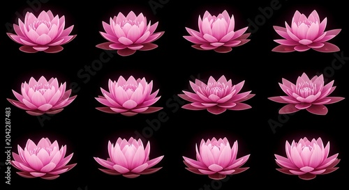 Twelve radiant pink lotus flowers arranged in a grid on a black background