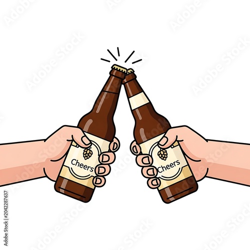 Two hands toast with beer bottles, celebrating a happy occasion