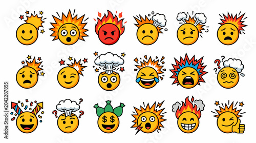Bild auf Leinwand Collection of Cartoon Emoji Faces Showing Various Emotions: Anger, Sadness, Shoc