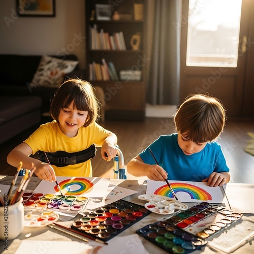Two happy children, one in a wheelchair, paint colorful rainbows on paper