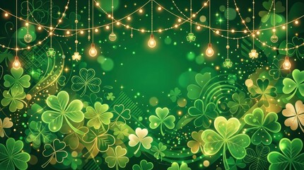 A festive, dark green background is adorned with sparkling fairy lights, dangling ornaments, and numerous vibrant green four-leaf clovers.