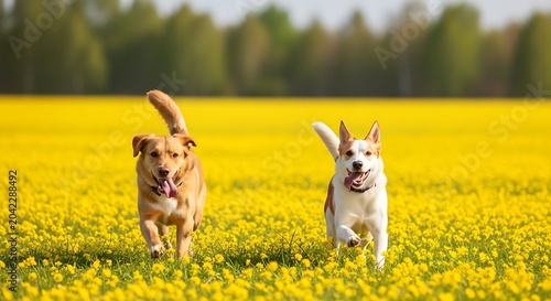 Two happy dogs run joyfully through a vibrant field of yellow flowers