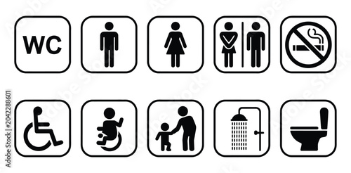 Obraz na płótnie Toilet icon set with WC sign, washroom symbols, male female unisex accessible ba