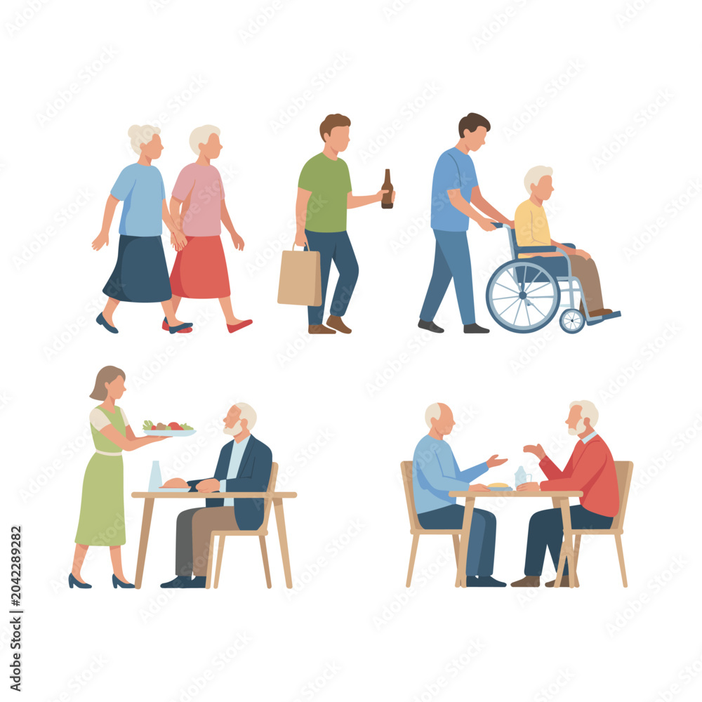 Obraz premium Senior care and elderly assistance illustration featuring caregiving dining walking wheelchair support, healthy aging lifestyle concepts