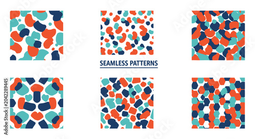 Abstract Organic Shapes Seamless Patterns Set - Teal, Orange, Navy Blue
