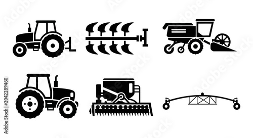 Agricultural Machinery Icons: Tractor, Plow, Combine, Seeder, Sprayer
