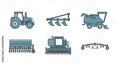 Agricultural Machinery Icons: Tractor, Plow, Combine Harvester, Seeder, Thresher