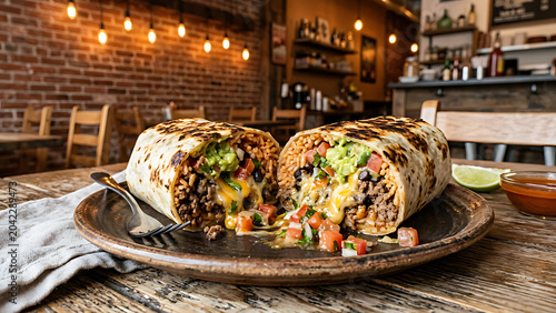 Loaded beef burrito cut in half with melted cheese, rice, beans, guacamole and salsa spilling out, rustic fast casual restaurant setting, vibrant lighting