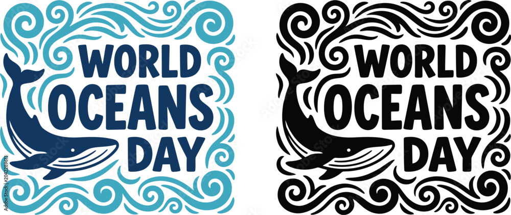 Obraz premium World oceans day logo with whale and waves ocean conservation awareness