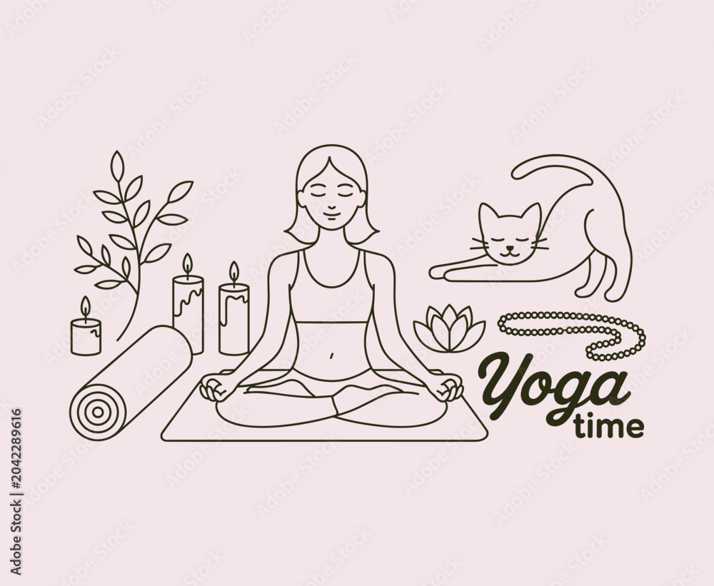 Obraz premium Yoga meditation wellness illustration, mindful woman practicing relaxation with candles, lotus, cat and mat wellness concept