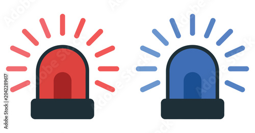 Schilderij op canvas emergency flashers siren icon set, red and blue emergency warning lights, flat style alert symbols, police ambulance and rescue service concept, clean modern vector illustration