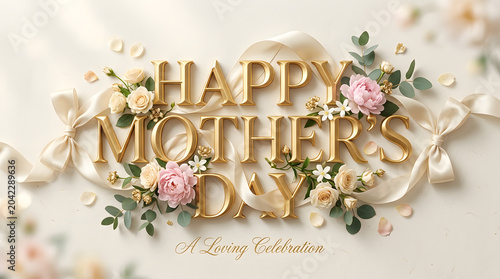 Happy Mothers Day celebration with flowers and ribbons on white background transparent background