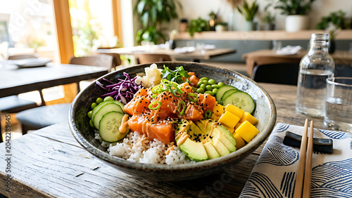 Colorful poke bowl with fresh salmon, avocado, mango, cucumber, rice and sesame seeds arranged beautifully in modern restaurant style, vibrant healthy food presentation