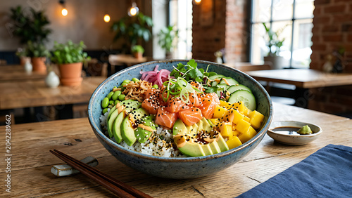 Colorful poke bowl with fresh salmon, avocado, mango, cucumber, rice and sesame seeds arranged beautifully in modern restaurant style, vibrant healthy food presentation