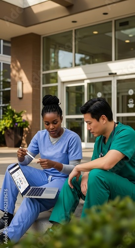 Two healthcare professionals in scrubs collaborate on a laptop outdoors