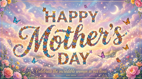Happy Mothers Day celebration with butterflies and flowers in colorful sky transparent background