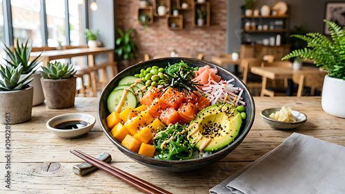 Colorful poke bowl with fresh salmon, avocado, mango, cucumber, rice and sesame seeds arranged beautifully in modern restaurant style, vibrant healthy food presentation