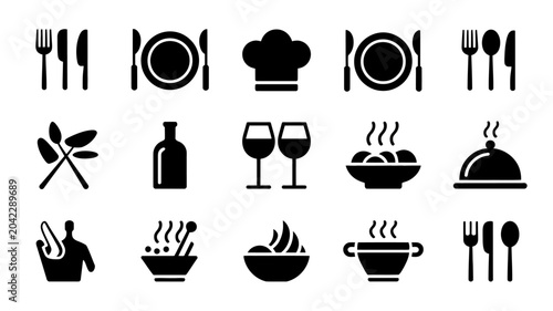 collection of dining icons flat black fork knife spoon plate chef hat wine glass bottle food cutlery tableware silhouette symbol menu