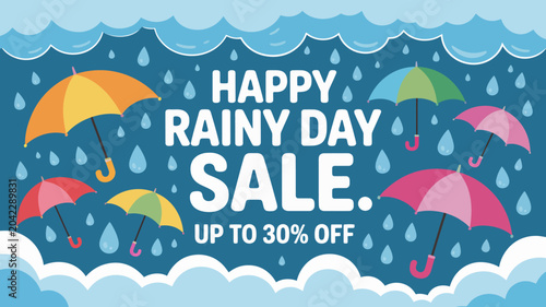 Cuadro en lienzo happy rainy day sale vector illustration umbrellas raindrops clouds blue backgro