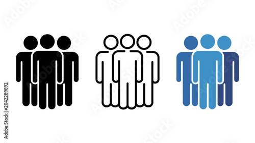 three people icons flat human figures group teamwork collaboration community together simple design illustration vector black white blue silhouette outline avatar