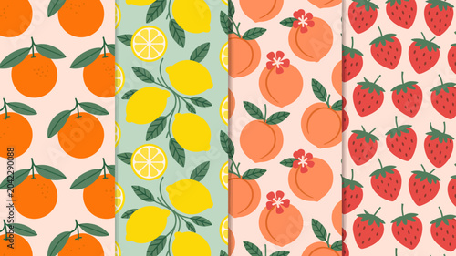 Fotografia four distinct fruit patterns vector pattern orange lemon peach strawberry illust