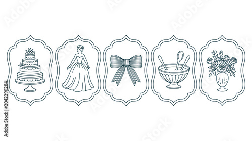 Bild auf Leinwand five decorative wedding items line art cake dress bow flowers illustration brida