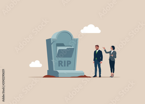 Photos Saddened businessman stand mournfully beside a tombstone for digital folder and with RIP