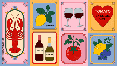 illustrated cards with food and drink lobster lemon wine tomato berries vector flat design colorful iconic graphic simple modern culinary beverage