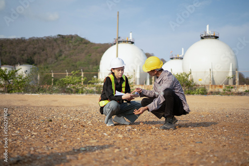 Two Engineers Discussing Documents at Industrial Gas Storage Facility Outdoors