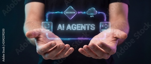 Man presenting ai agents concept with hands showcasing task decision api and deploy process in a futuristic interface