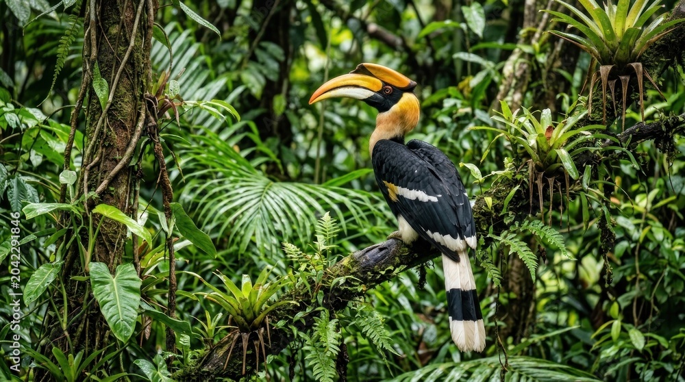 Obraz premium A striking hornbill perches on a branch amidst lush tropical foliage.
