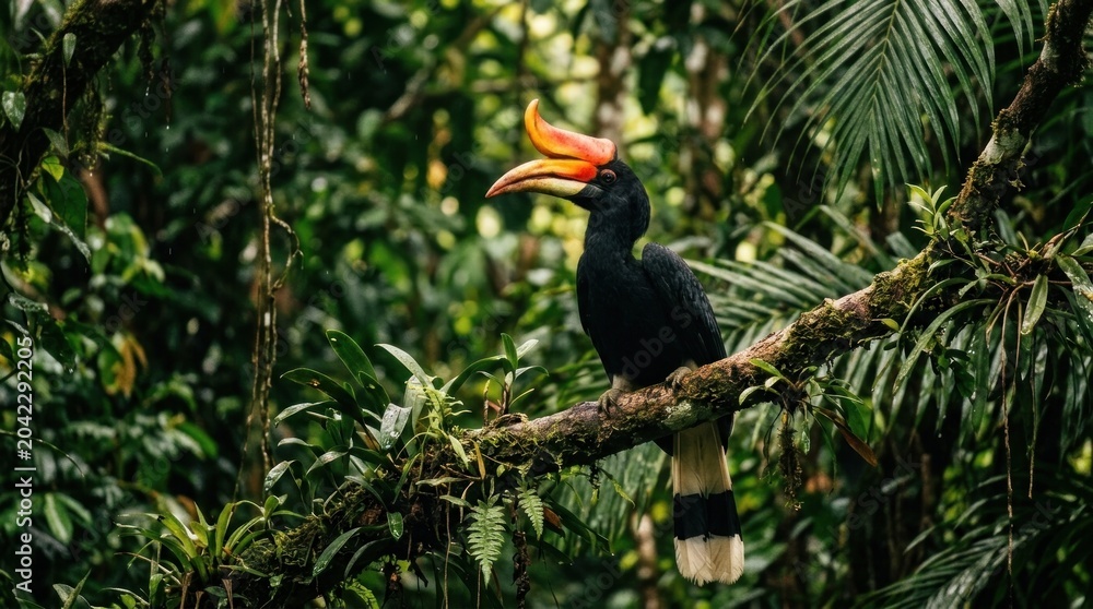 Fototapeta premium A male hornbill perches on a dark branch within a lush, green forest.