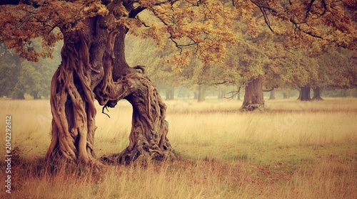 Mature and young trees intertwined, branches bracing each other in autumn wind, soft warm metaphor for family support