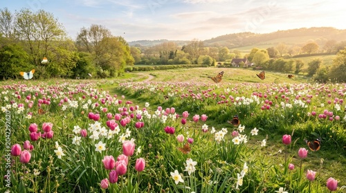 A vibrant landscape showcases a sprawling field filled with colorful wildflowers, primarily pink and white tulips and daffodils.