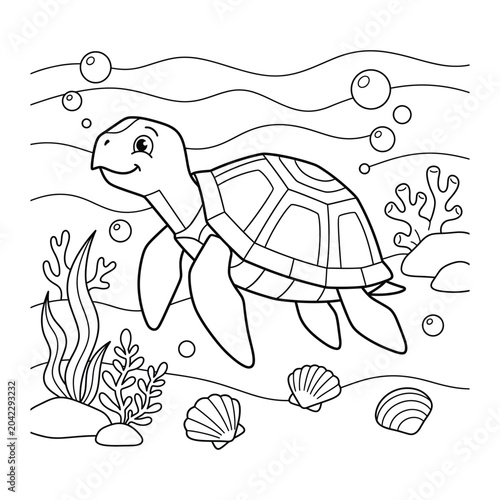 Smiling sea turtle, swimming underwater, surrounded by