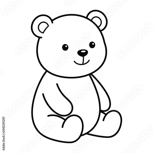 Smiling teddy bear, sitting, black outline, white background